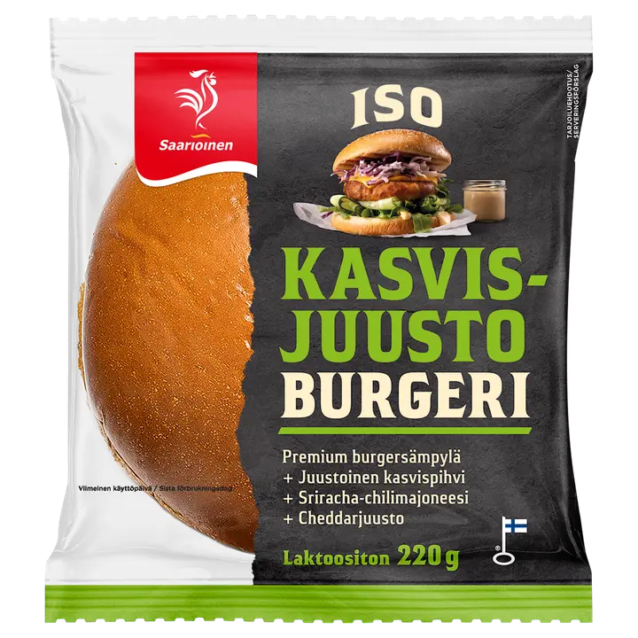 Saarioinen ISO Kasvis-juusto Burgeri; kasvis-juustohampurilainen 220g