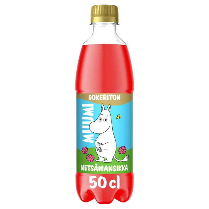 Muumi Metsämansikka Sokeriton virvoitusjuoma muovipullo 0,5 L