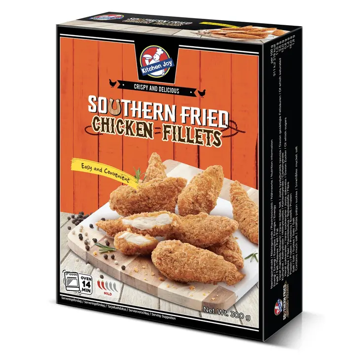 300g Kitchen Joy Southern Fried Chicken Fillets, Marinoitu, paneroitu ja paistettu kanan sisäfile, pakaste