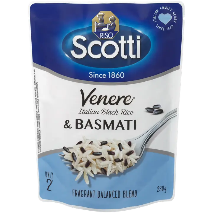 Riso Scotti esikeitetty basmatiriisi ja esikeitetty musta venere-kokojyväriisi 230 g