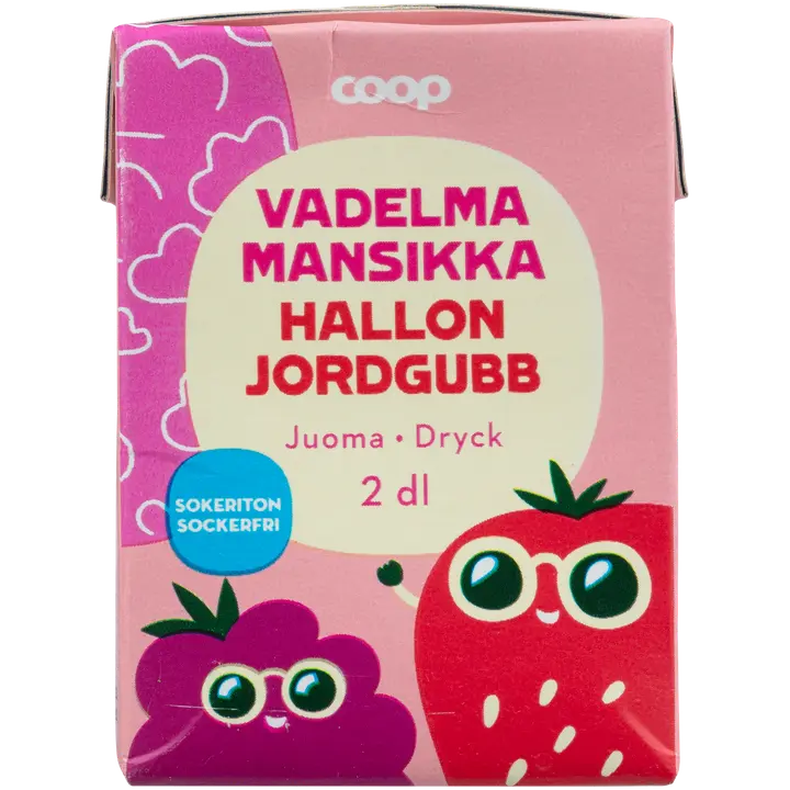 Coop sokeriton vadelma-mansikkajuoma 2dl