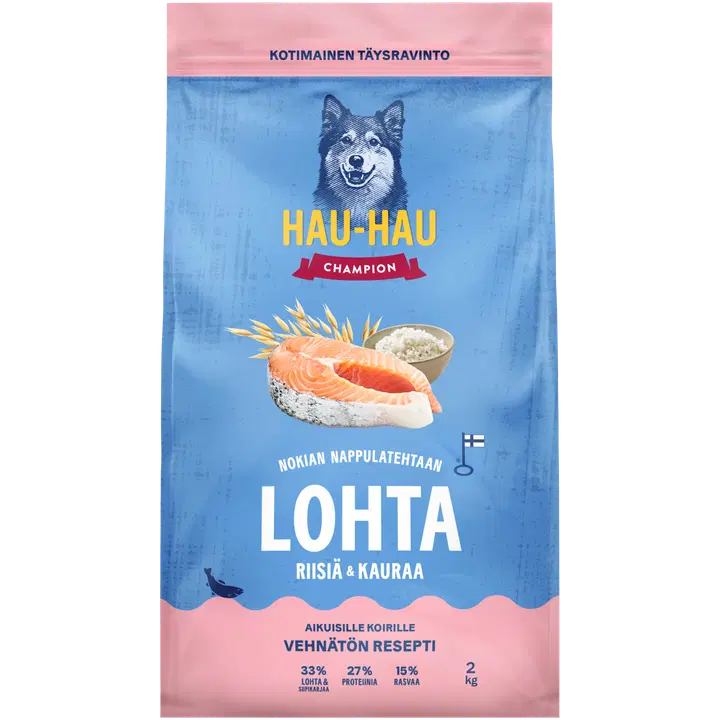 Hau-Hau Champion Nokian Nappulatehtaan Lohta, riisiä & kauraa täysravinto aikuisille koirille 2 kg