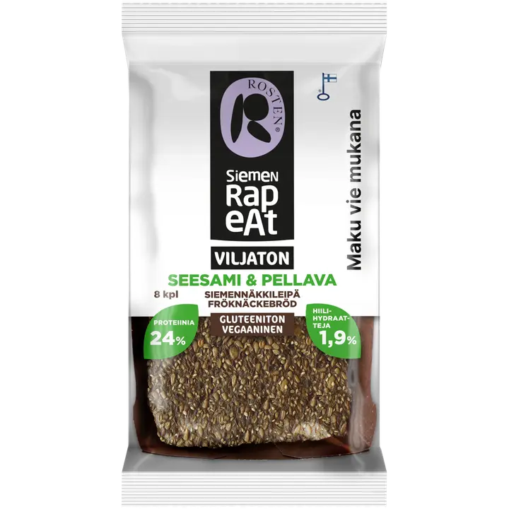 Rosten Siemenrapeat Viljaton siemennäkkileipä Seesami & pellavansiemen 170 g