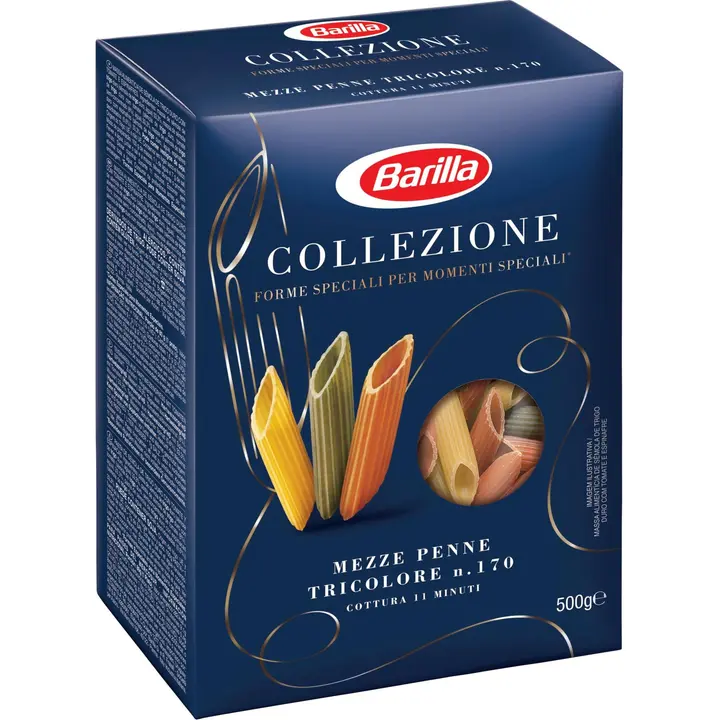 Barilla Collezione Mezze Penne Tricolore n.170 durumvehnäpasta tomaatilla ja pinaatilla 500g