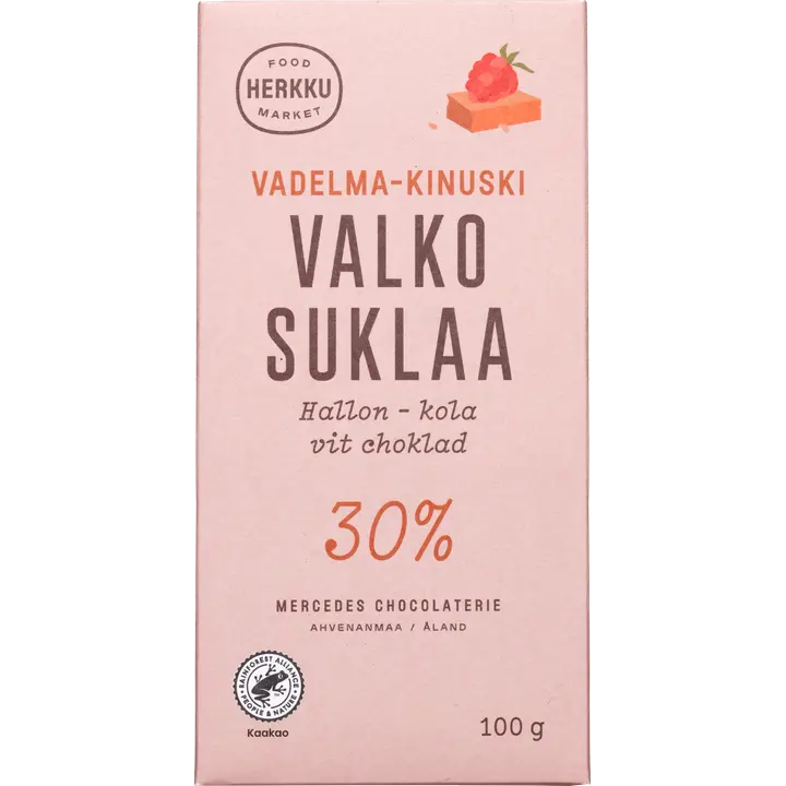 Herkku vadelma-kinuski valkosuklaalevy 30 % 100 g