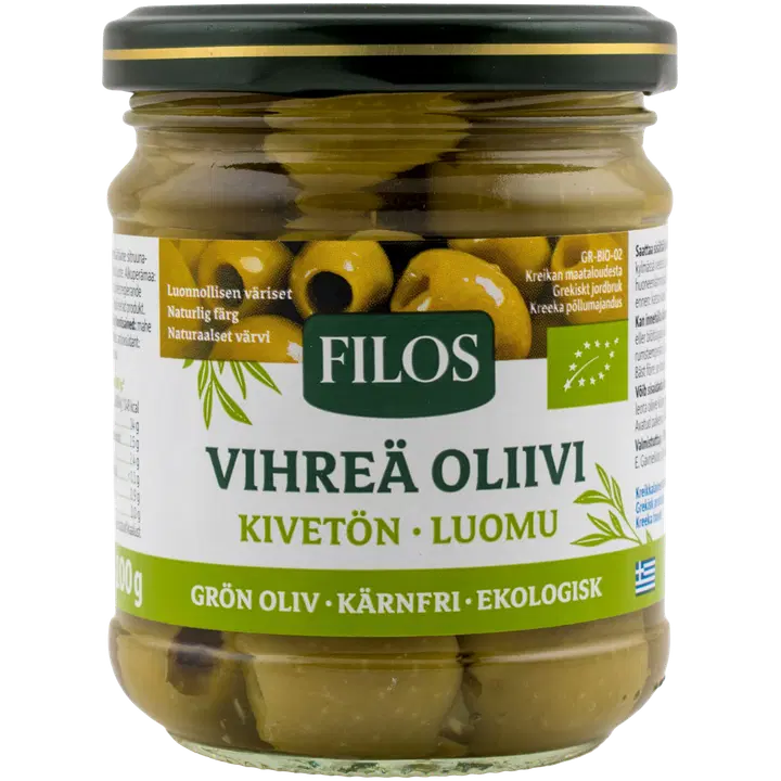 Filos vihreä kivetön luomuoliivi suolavedessä 200/100g