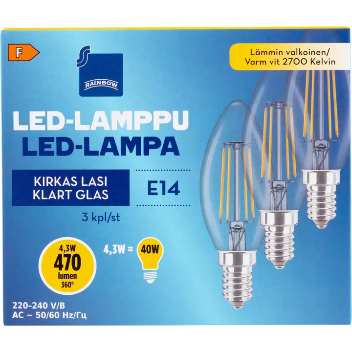 Rainbow LED-kynttilälamppu 4,3W E14 2700K 470lm kirkas lasi 3kpl