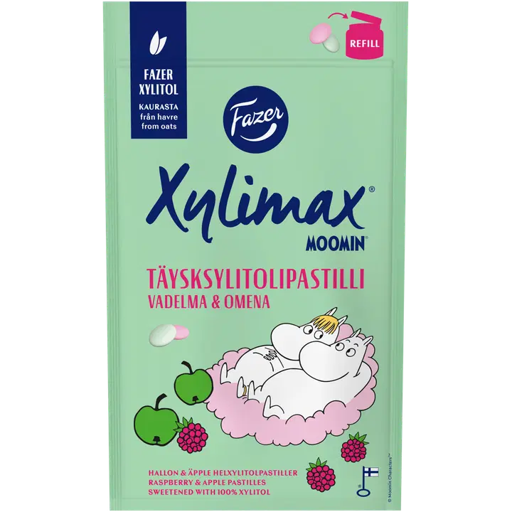 Fazer Xylimax Moomin vadelma ja omena täysksylitolipastillit 85g