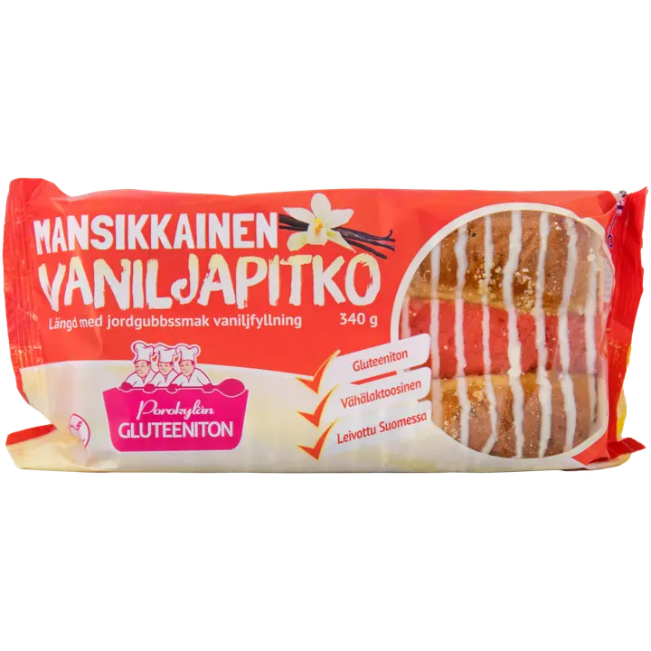Porokylän Mansikkainen vaniljapitko 340 g mansikanmakuinen vaniljatäytepitko gluteeniton
