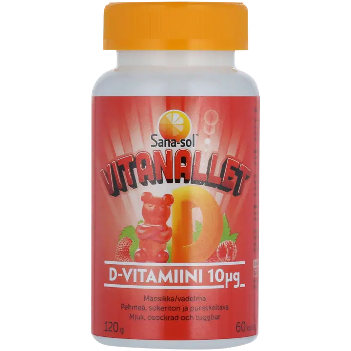 Sana-sol Vitanallet D-vitamiini 10µg Mansikka/vadelma 60kpl