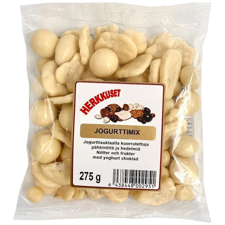 Herkkuset Jogurttimix, kuorrutettuja pähkinöitä ja kuivahedelmiä 275g