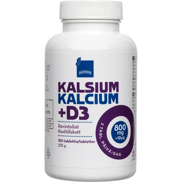 Rainbow kalsium- ja D-vitamiinivalmiste 800mg + 10µg ravintolisä 180kpl/225g