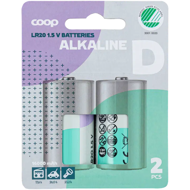 Coop alkaliska batterier D/LR20/1,5V 2 st