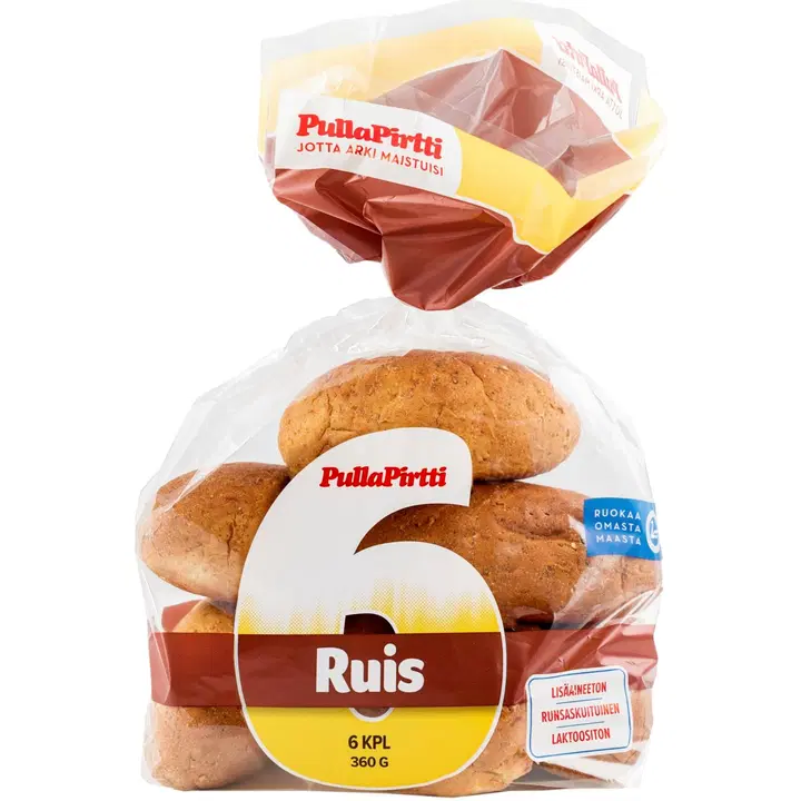 Pulla-Pirtti Ruissämpylä 6/360g halkaistu laktoositon runsaskuituinen rukiinen vehnäsämpylä