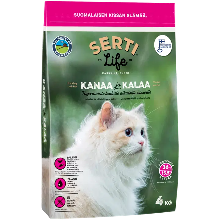 KOTIMAINEN SertiLife Kanaa ja kalaa, täysravinto kaikille aikuisille kissoille, viljaton 4 kg