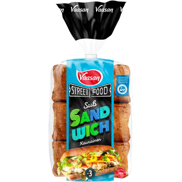 Vaasan Street Food Sub Sandwich Kaurainen 240 g 3 kpl kauraisa sämpylä