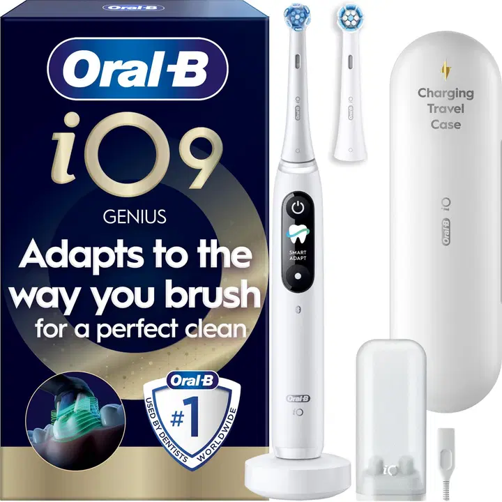 Oral-B iO9 White Alabaster sähköhammasharja + lataava matkakotelo + hammasharjateline + lisävaihtoharja