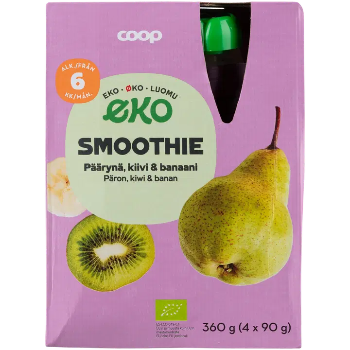 Coop Eko smoothie päärynä, kiivi & banaani luomu 4-pack 360 g 6 kk