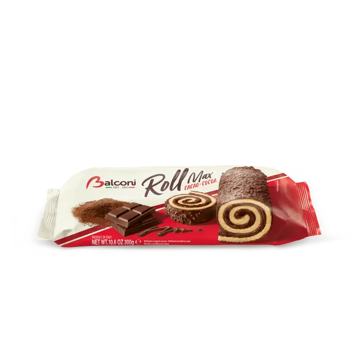 Balconi ROLL MAX CACAO - KÄÄRETORTTU KAAKAOKREEMITÄYTTEELLÄ, LIKÖÖRILLÄ JA SUKLAANMAKUISELLA KUORRUTTEELLA .