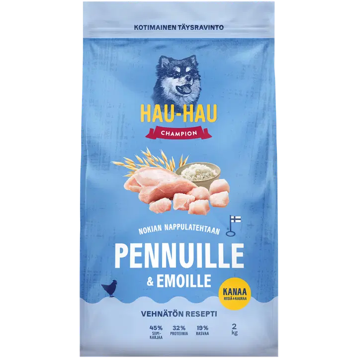 Hau-Hau Champion Nokian Nappulatehtaan Kanaa, riisiä & kauraa täysravinto pennuille ja emoille 2 kg