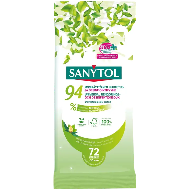 Sanytol Monikäyttöinen puhdistus- ja desinfiointipyyhe, 94% kasviperäiset ainesosat, 72 kpl