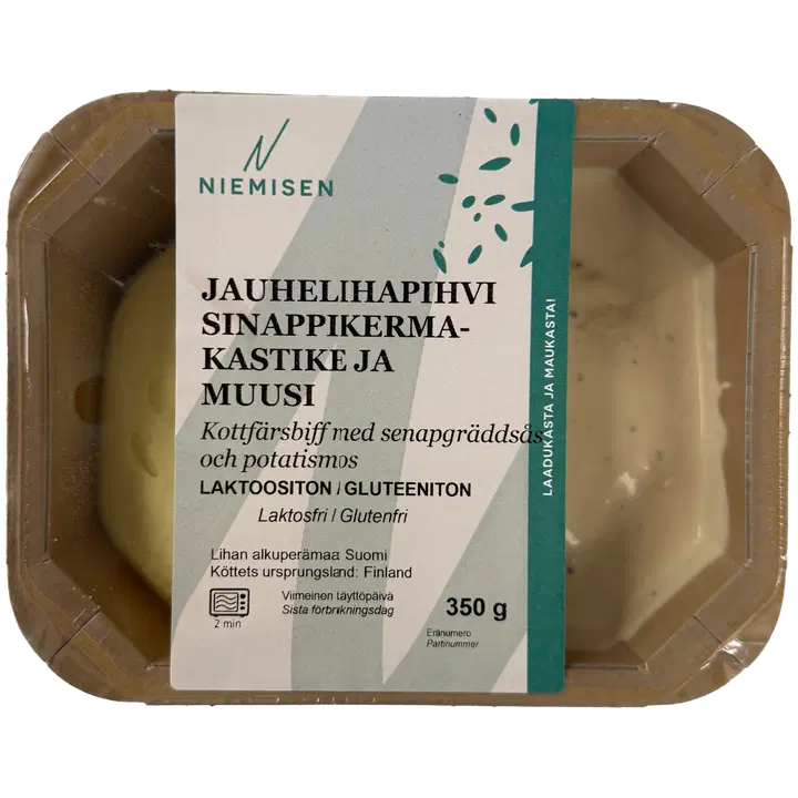 Niemisen Jauhelihapihvi sinappikermakastike ja muusi 350g
