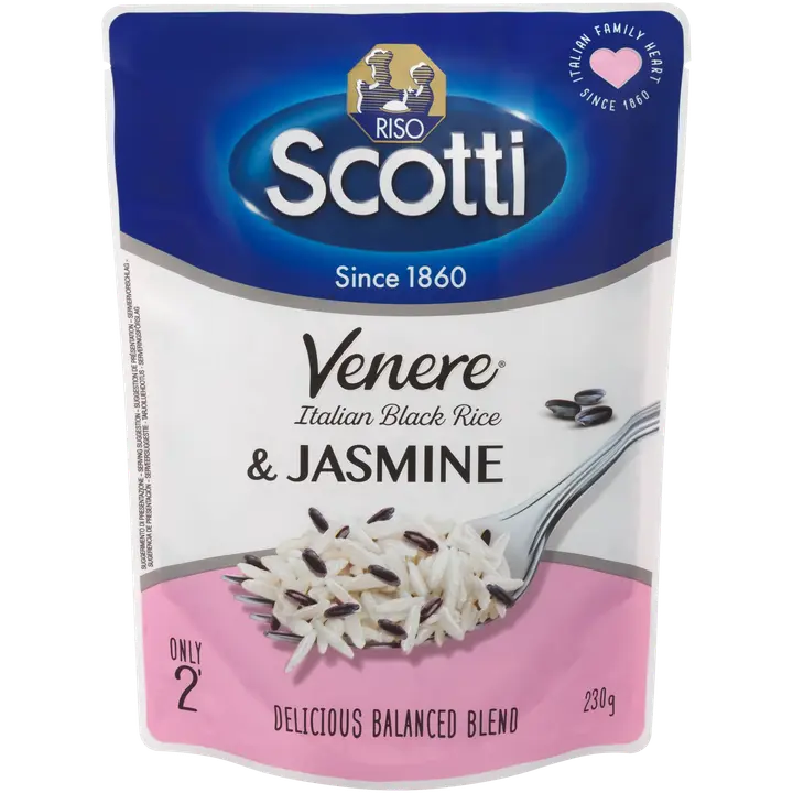 Riso Scotti esikeitetty jasmiiniriisi ja esikeitetty musta venere-kokojyväriisi 230 g
