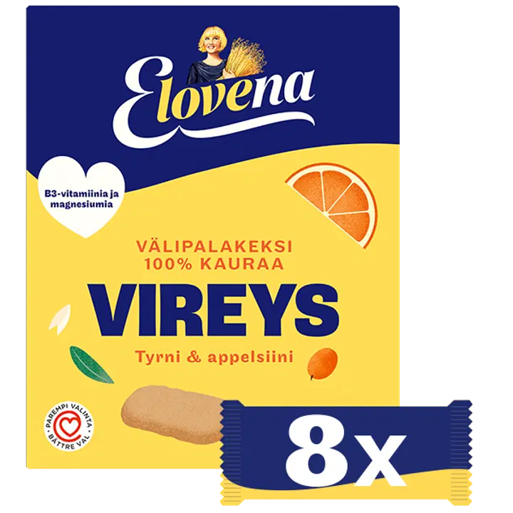 Elovena Love 8x30g vireys tyrni & appelsiini täysjyvävälipalakeksi
