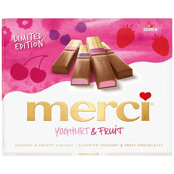 MERCI jogurti ja puuvilja täidisega šokolaadi kommikarp 250g