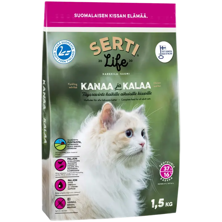 SertiLife Kanaa ja kalaa, kotimainen täysravinto kaikille aikuisille kissoille.