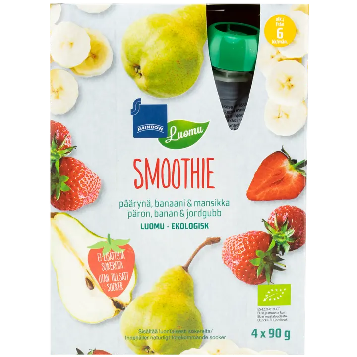 Rainbow smoothie päärynä, banaani & mansikka luomu 360 g 4-pack 6 kk