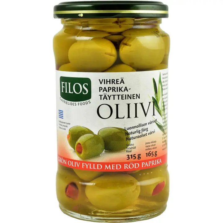 Filos vihreä kivetön paprikatäytteinen oliivi 300/165g