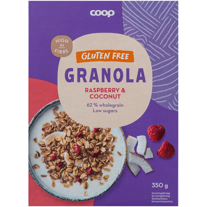 Coop granola vadelma ja kookos gluteeniton 350 g