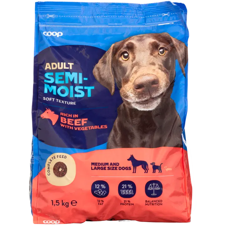 Coop puolikostea ruoka sis. nautaa ja kasviksia täysikasvuisille koirille täysrehu 1,5 kg