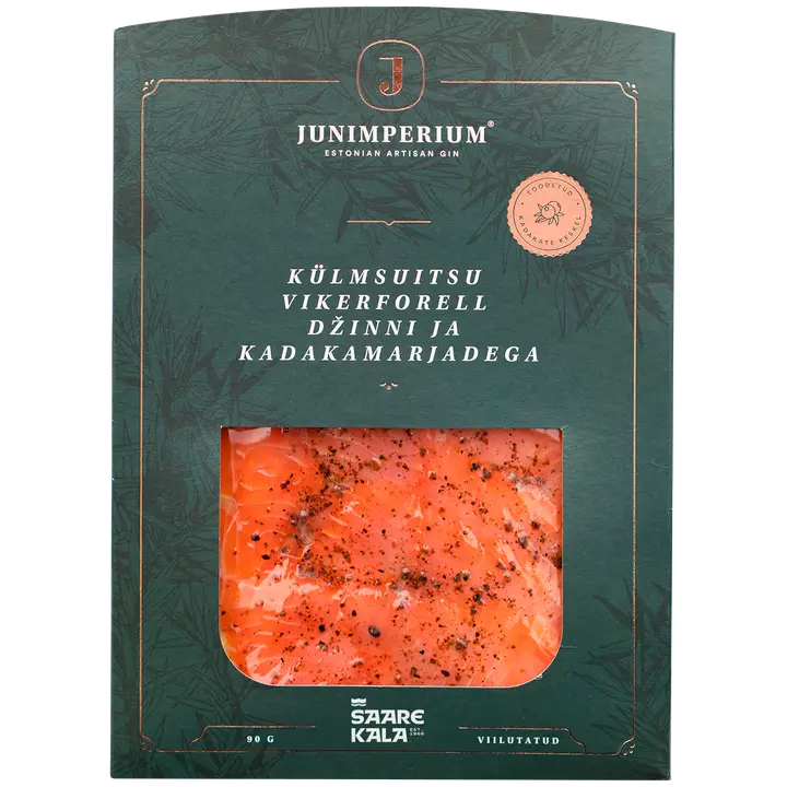 Külmsuitsu vikerforell dzinni ja kadakamarjadega, viilutatud 90 g