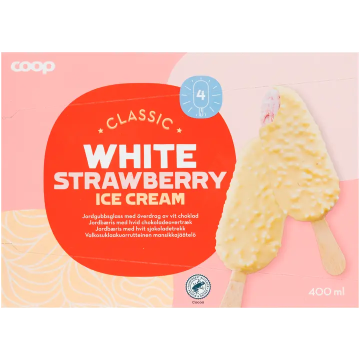 Coop mansikkajäätelöpuikko valkosuklaakuorrutteella 4 kpl 400 ml/268 g