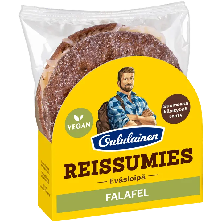Oululainen Reissumies Eväsleipä Falafel 170g, täytetty täysjyväruisleipä falafel-coleslaw-chilimajoneesi