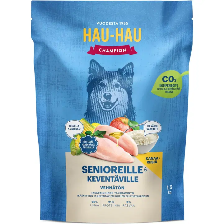 Hau-Hau Champion Kanaa ja riisiä täysravinto senioreille ja keventäville 1,5 kg