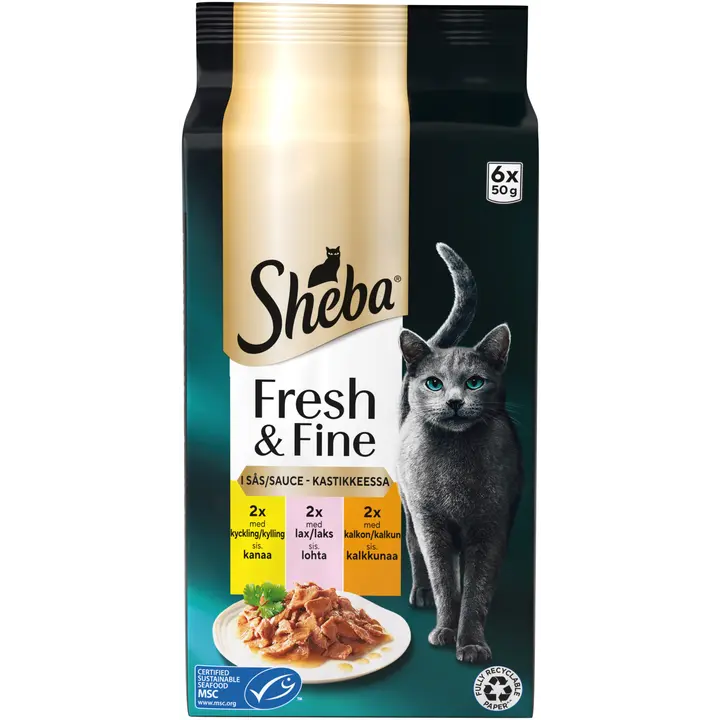 Sheba Fresh&Fine Sekoitus kanaa, kalkkunaa ja lohta kastikkeessa MSC 6x50g