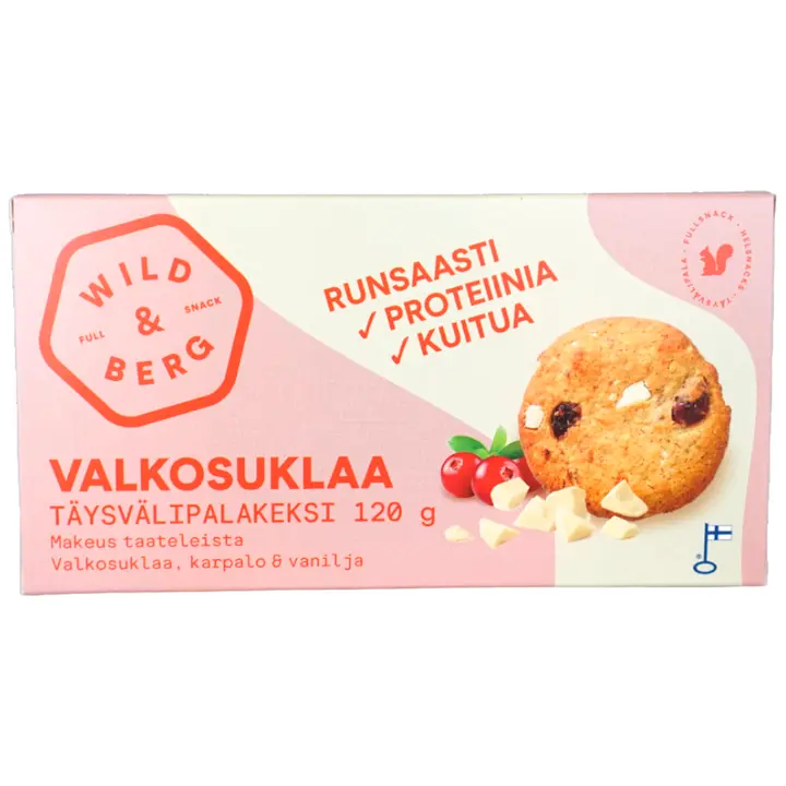 Valkosuklaa proteiinikeksi Wild&Berg täysvälipala gluteeniton 120 g