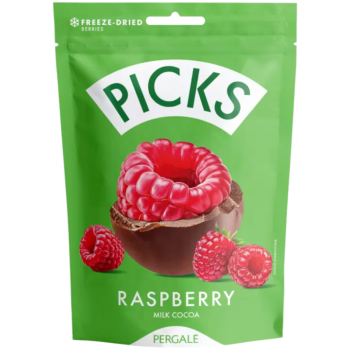 Dragee PICKS pakastekuivatut vadelmat maitosuklaanmakuisella kuorrutuksella 90g