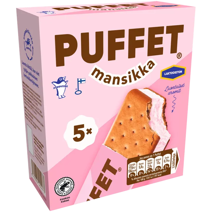 Puffet Mansikka laktoositon välipalajäätelö monipakkaus 5x62g/1,1dl