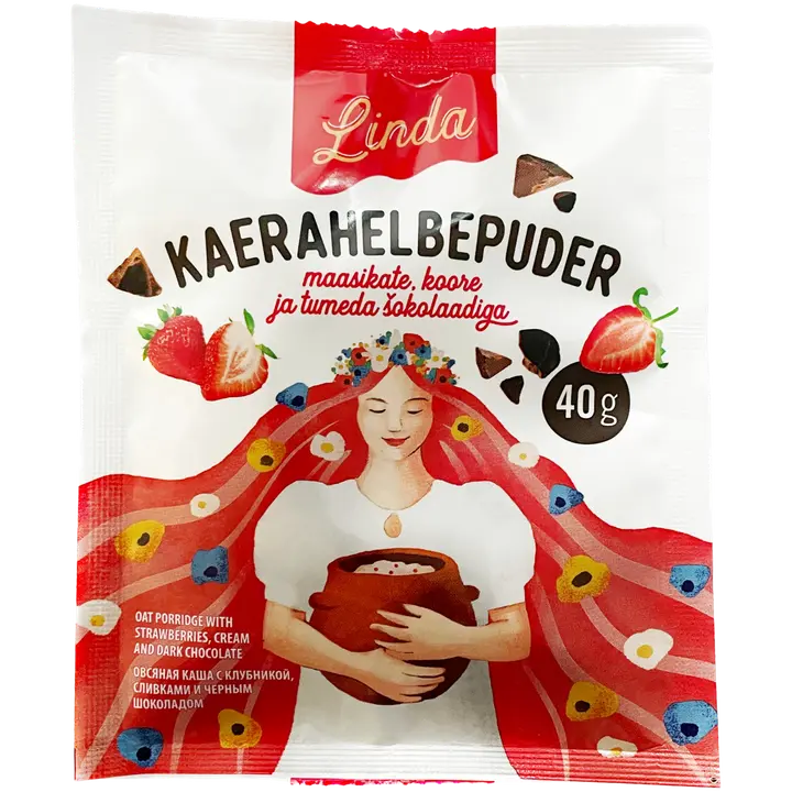 Linda kaerahelbepuder maasikate, koore ja tumeda šokolaadiga 40g