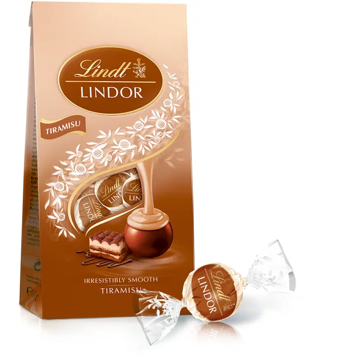 Lindt LINDOR Tiramisu maitosuklaakuula pehmeällä mascarponen ja kahvin makuisella täytteellä ja vohvelipaloilla 137g