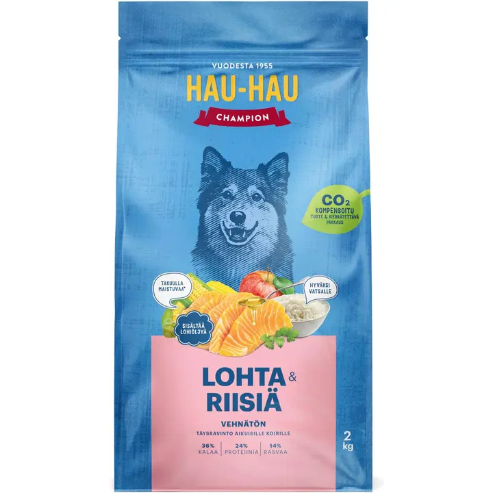 Hau-Hau Champion Lohta ja riisiä täysravinto aikuisille koirille 2 kg