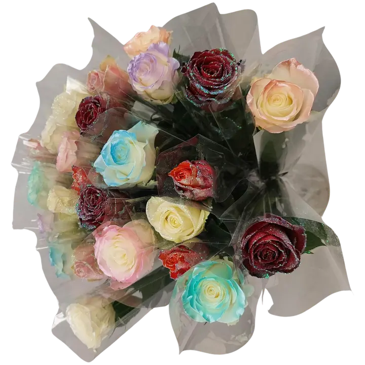 Ruusu 70cm, yksittäin pakattu, satin/glitter mix, sis. vesisuppilo, värilajitelma