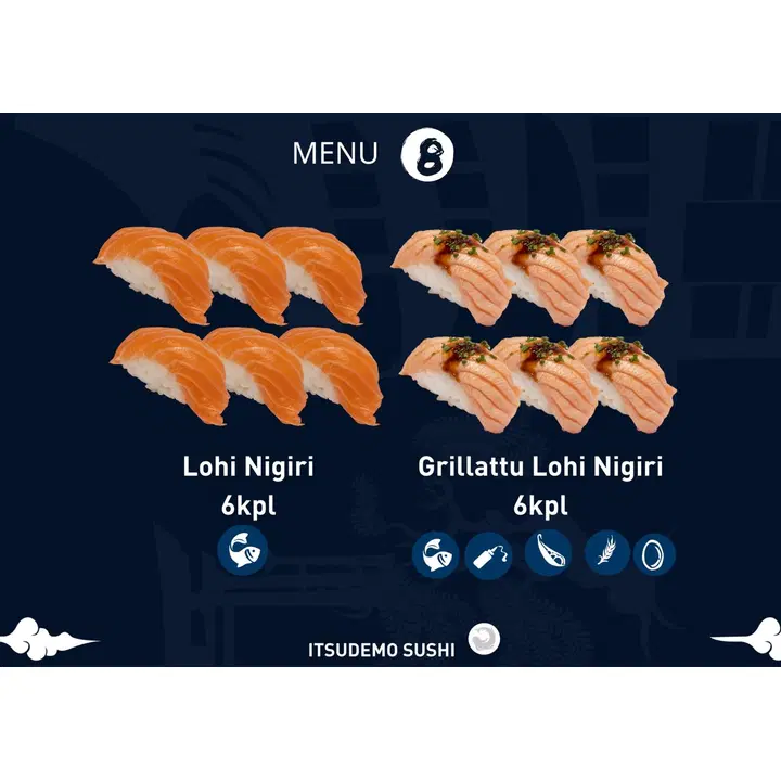 Itsudemo Sushibar sushi box, 6* lohi nigiri, 6* grillattu lohi nigiri