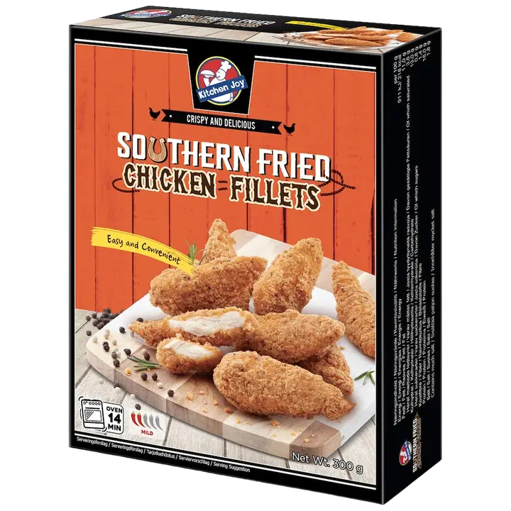 300g Kitchen Joy Southern Fried Chicken Fillets, Marinoitu, paneroitu ja paistettu kanan sisäfile, pakaste