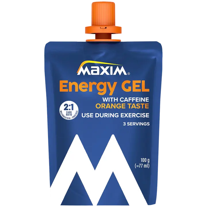 Maxim Energy Gel Orange taste with caffeine appelsiininmakuinen geeli korkea kofeiinipitoisuus käytetään suorituksen aikana 100g