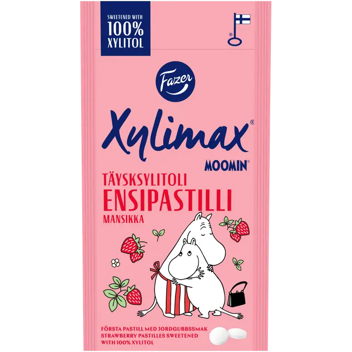 Fazer Xylimax Moomin mansikanmakuinen täysksylitoli ensipastillit 38g